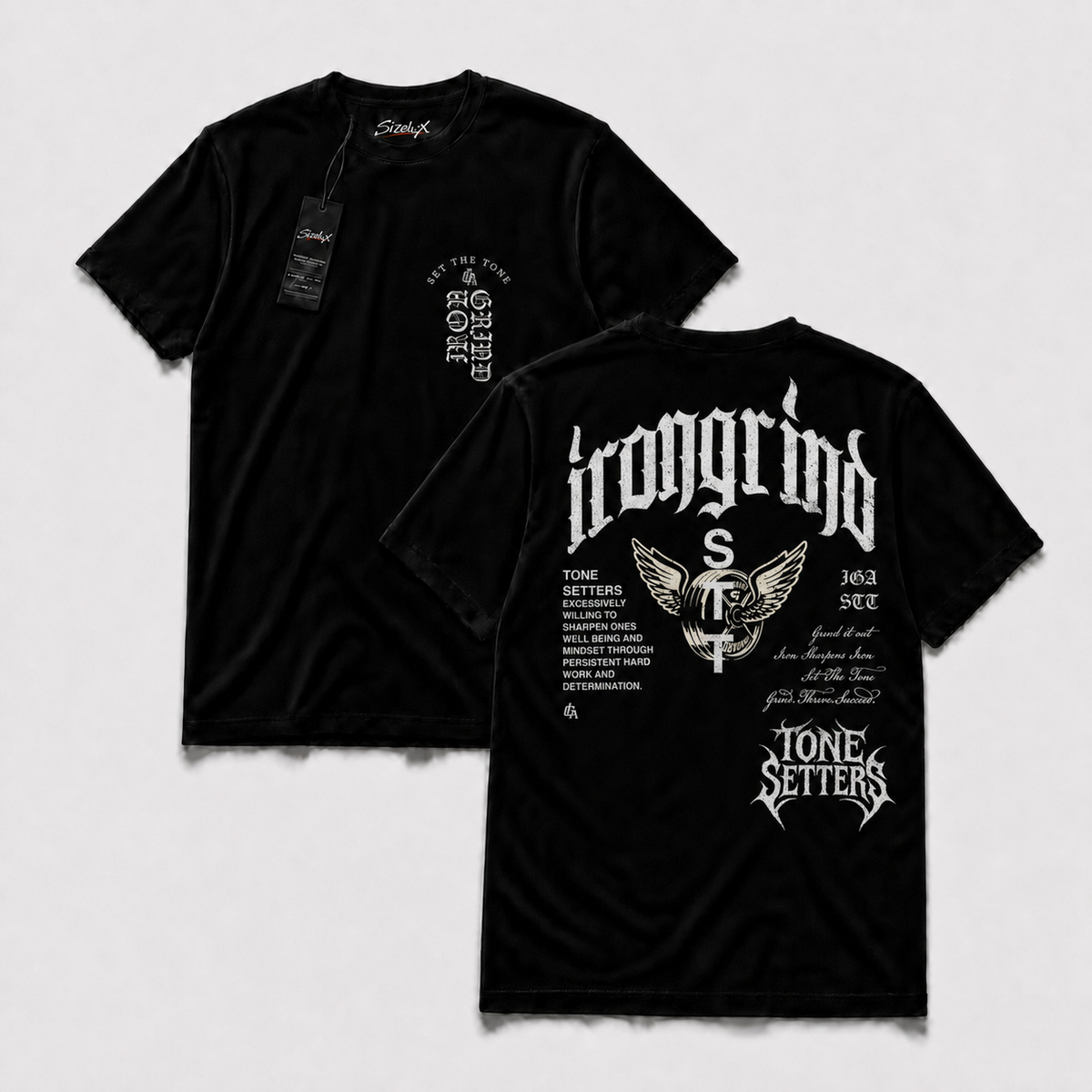 Polera Iron GYM - Tone Setters Crest, vista frontal y espalda