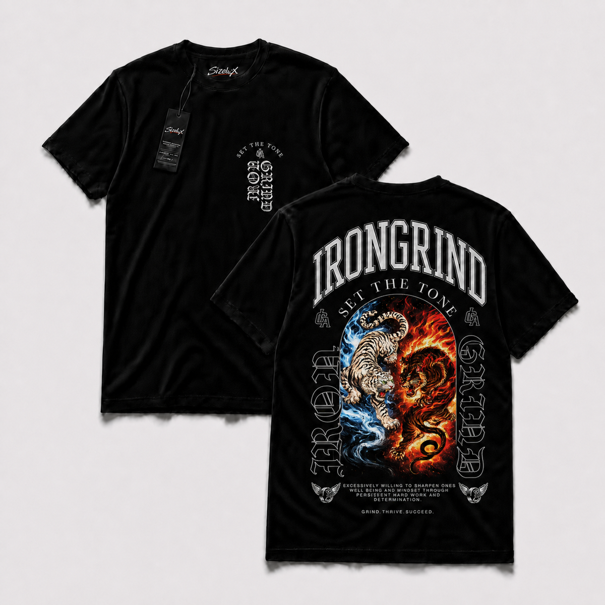 Polera Iron GYM - Fire and Ice Tigers, vista frontal y espalda