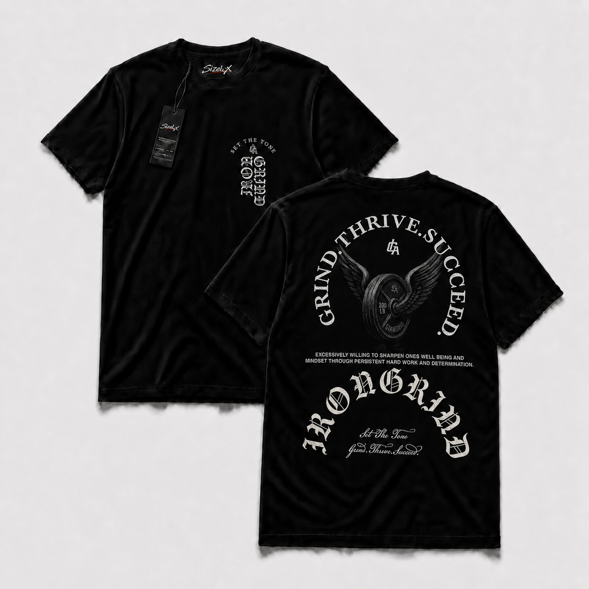 Polera Iron GYM - Ground Thrive Succeed, vista frontal y espalda