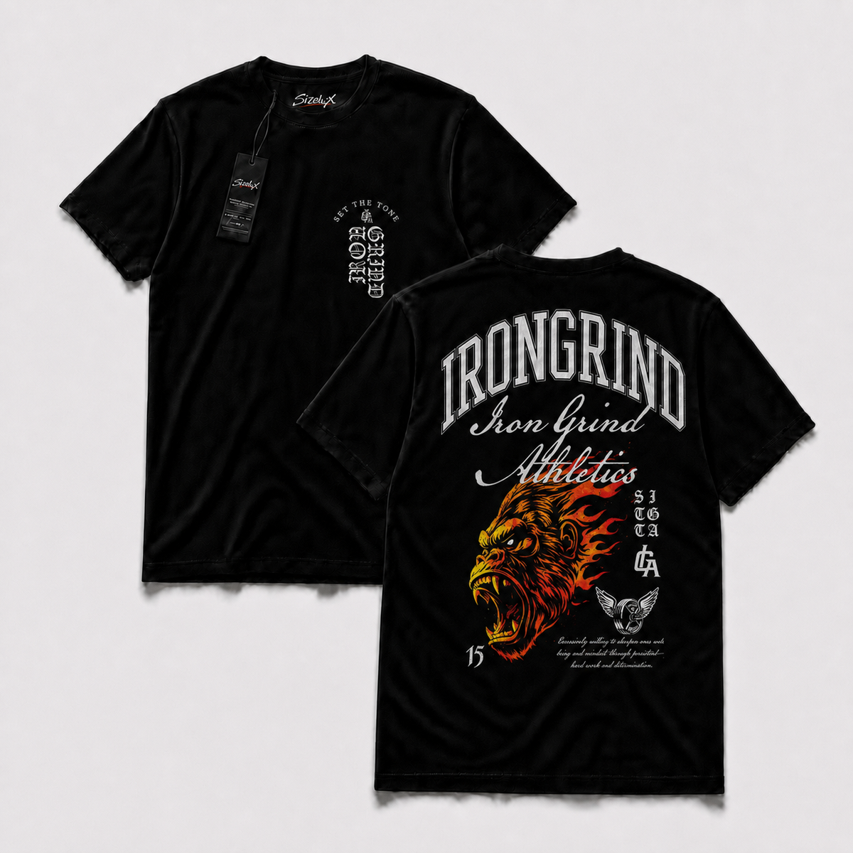 Polera Iron GYM - Flaming Lion, vista frontal y espalda