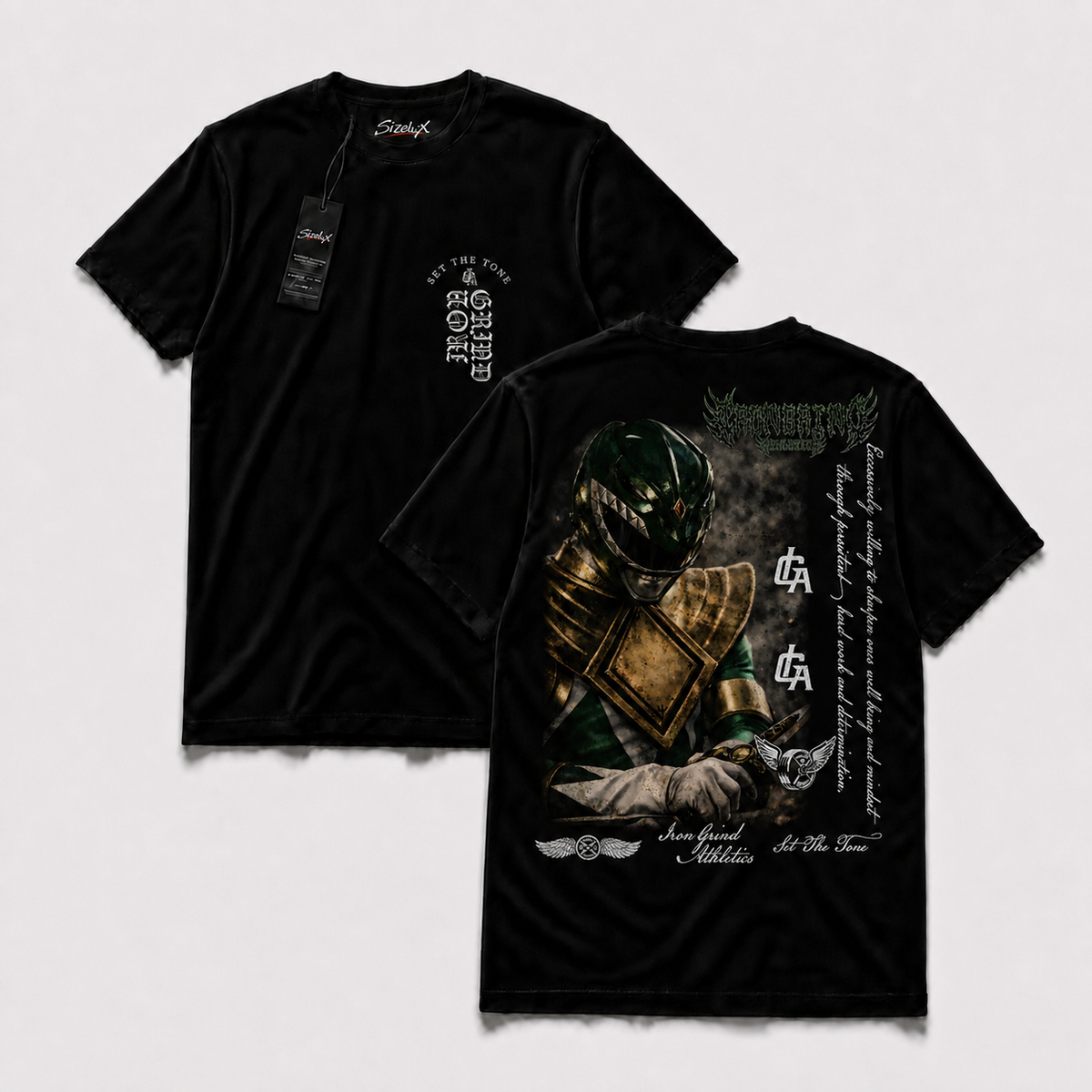 Polera IRON PR - Emerald Guardian, vista frontal y espalda