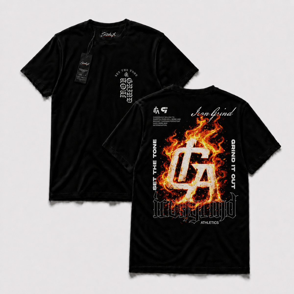Polera Iron GYM - Fire Monogram, vista frontal y espalda