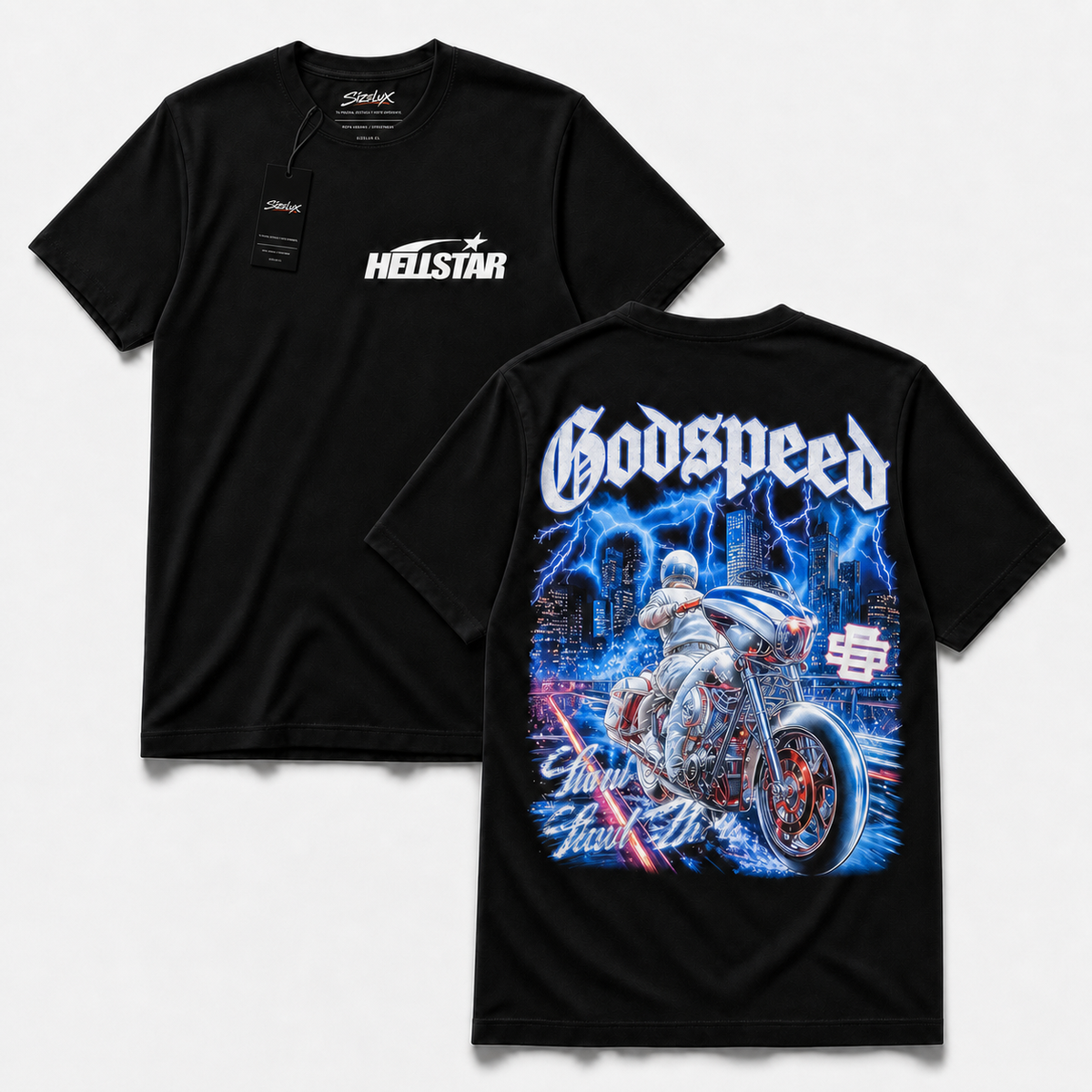 Polera Hell GYM - Night Rider Motorcycle, vista frontal y espalda