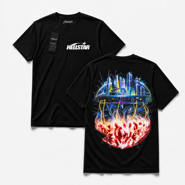 Polera Hell GYM - Future City Burning Heart, vista frontal y espalda
