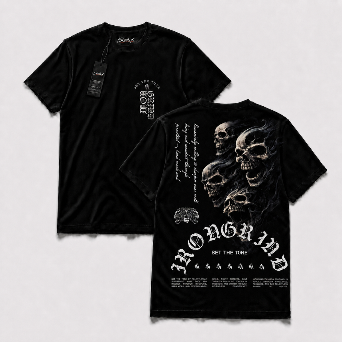 Polera Iron GYM - Skull Smoke Stack, vista frontal y espalda