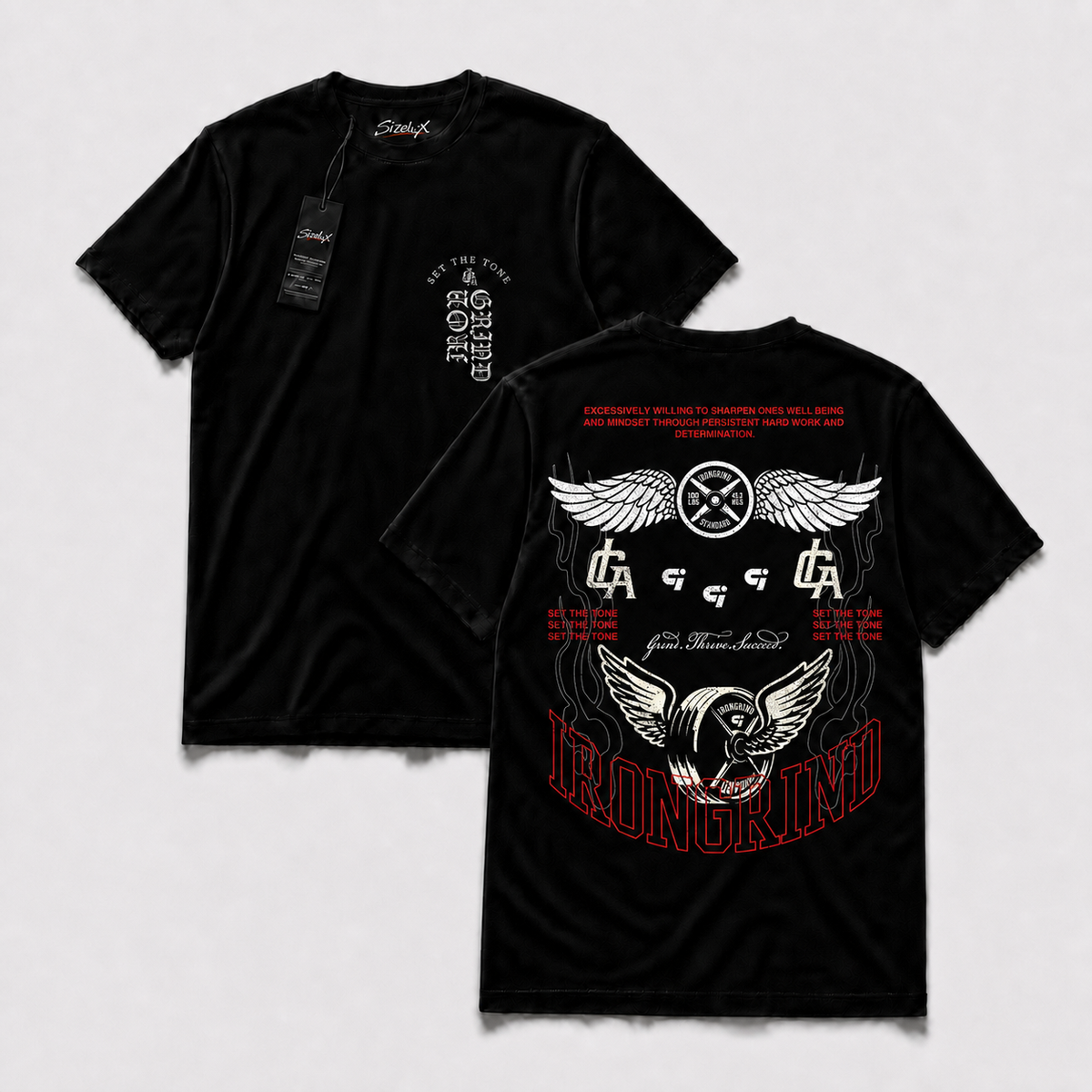 Polera Iron GYM - Winged Training Crest, vista frontal y espalda