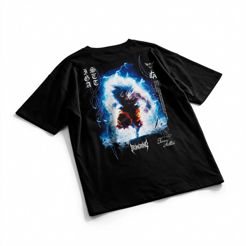 Polera Goku SSJ Blue - Dragon Ball Super - Oversize - flatlay espalda